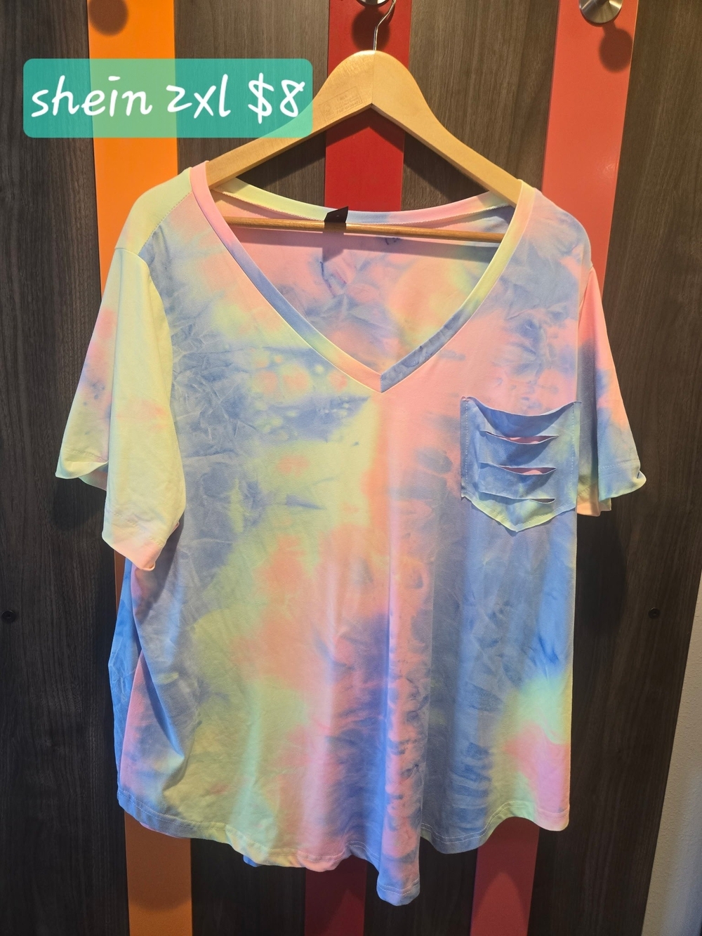 SHEIN Pastel Tie-Dye V-Neck Pocket Tee - Blue Pink Yellow